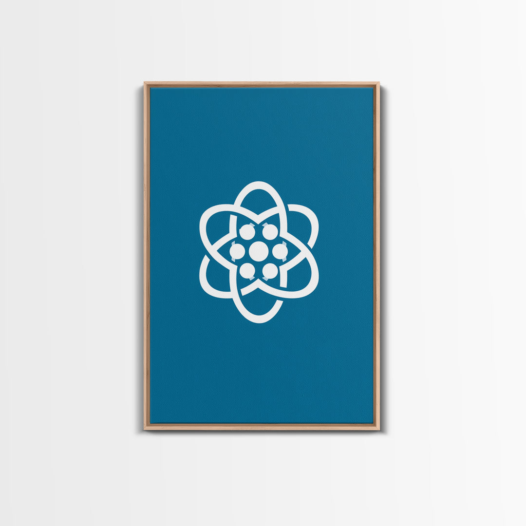 Minimal White Atomic Symbol On Teal Blue Wall Art, Midcentury Modern Space Poster, Geometric Art Print, Retro Office Decor