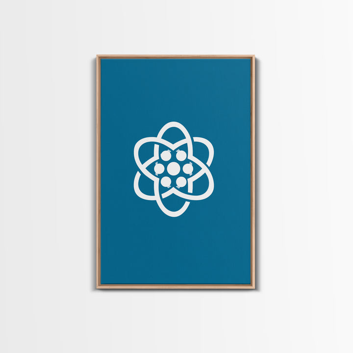 Minimal White Atomic Symbol On Teal Blue Wall Art, Midcentury Modern Space Poster, Geometric Art Print, Retro Office Decor