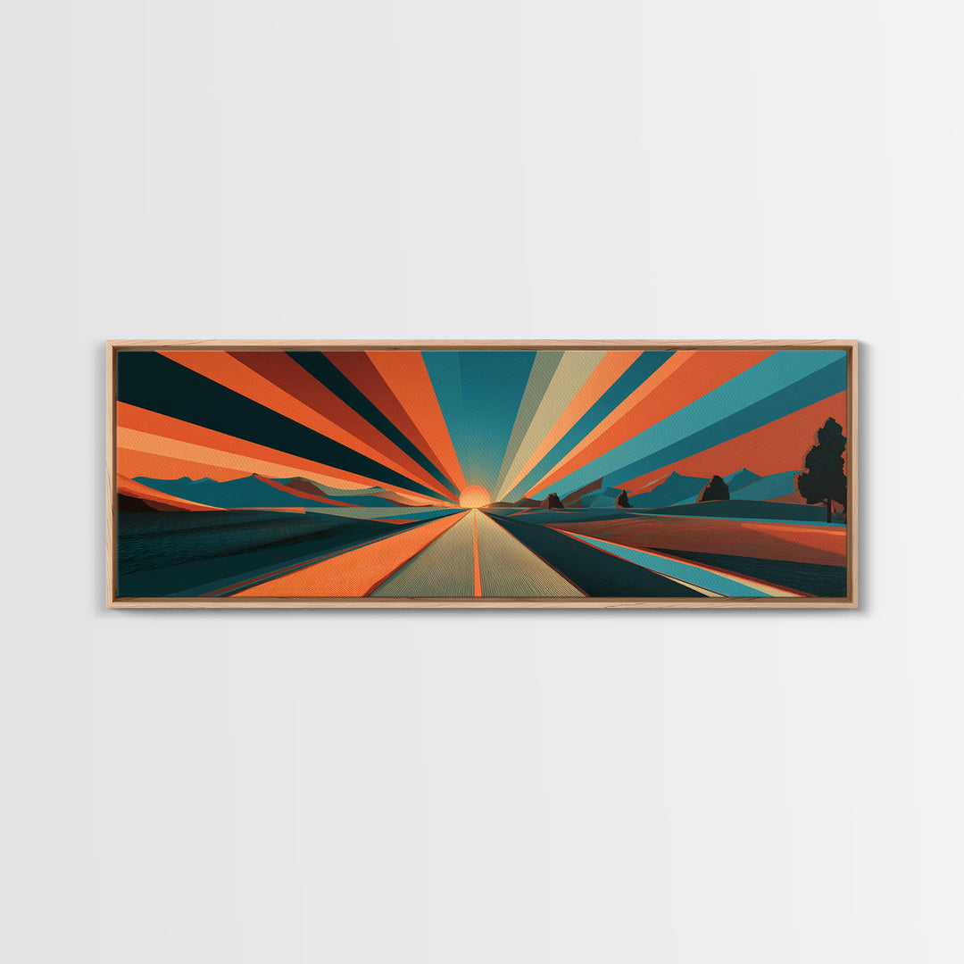 Retro Desert Road Sunburst Canvas Print, Midcentury Modern Wall Art, Orange Teal Landscape Poster, Palm Springs Decor Gift