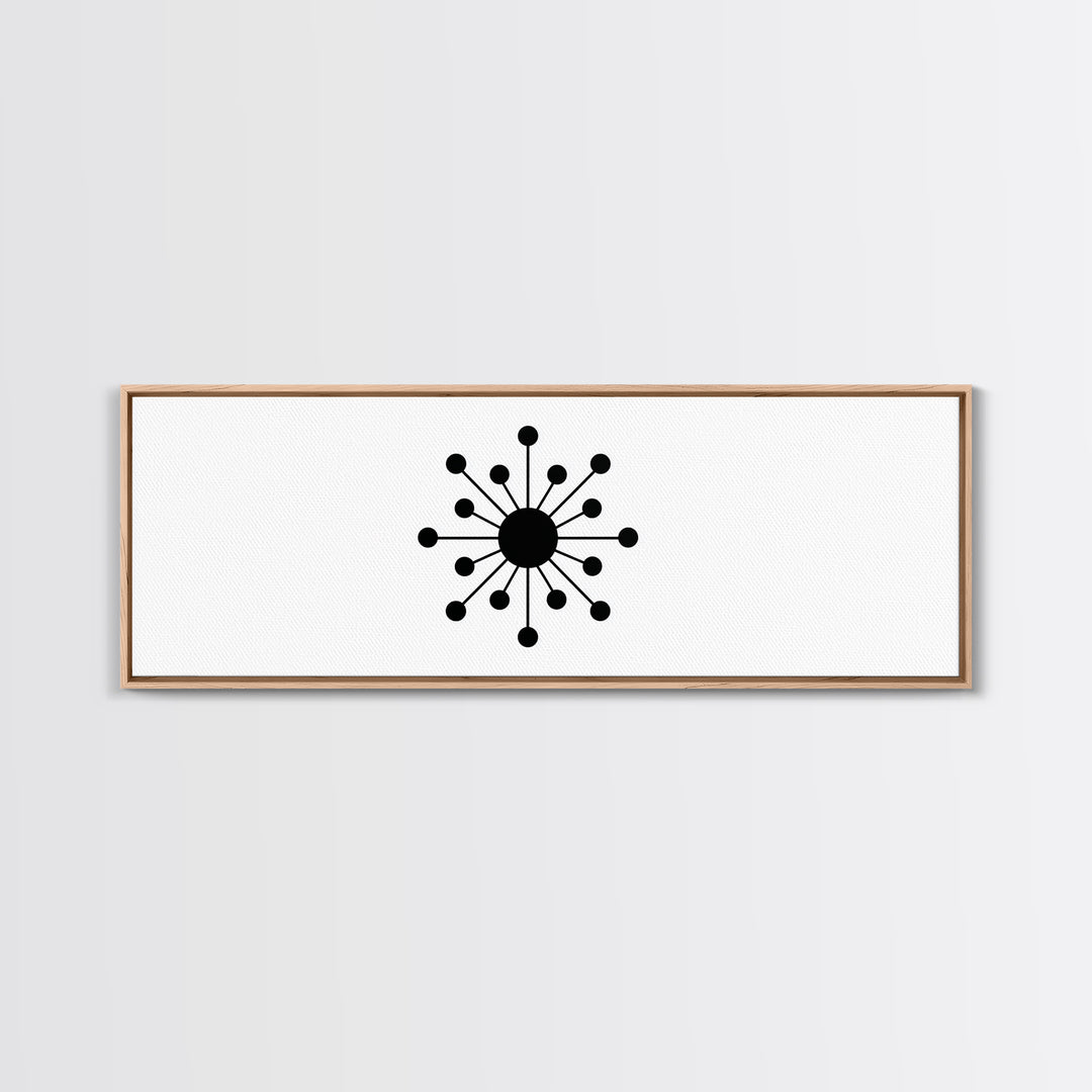 Black Atomic Orb And Dots Framed Canvas Print, Mid Century Modern Art, Retro Geometric Poster, Minimalist MCM Decor, Wall Art