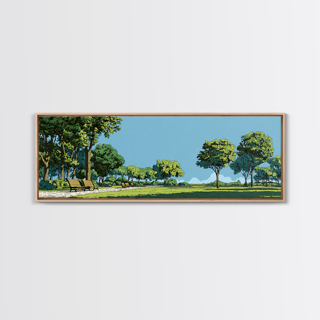 Sunny Green Park With Benches Wall Art, Mid Century Modern Landscape Print, Nature Wall Decor, Scenic Living Room Art, Office Decor