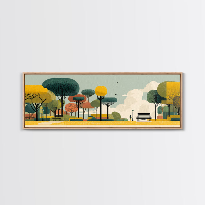 Autumn Modern Park With Benches Canvas Print, Mid Century Modern Art, Scandinavian Landscape Poster, Colorful Nature Decor