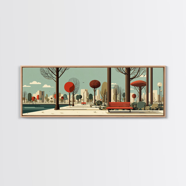 Red Bench City Park In Autumn Wall Art, Mid Century Modern Landscape Print, Retro Urban Poster, Colorful Living Room Decor