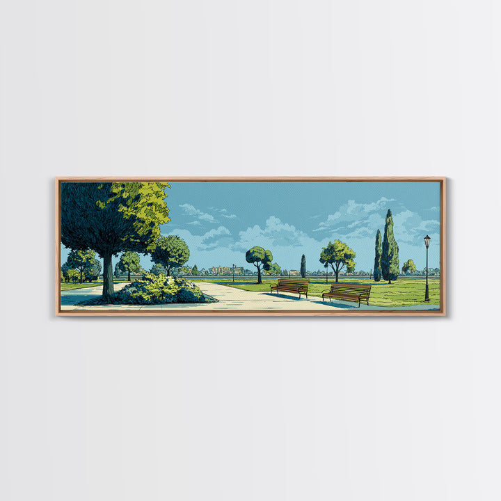 Blue Lakeside Park With Benches Wall Art, Mid Century Modern Landscape Print, Scenic Nature Poster, Home Office Wall Decor
