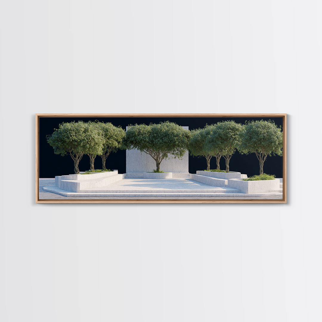 Mediterranean Olive Tree Courtyard Framed Canvas Print, Modern Wall Art, Architectural Landscape, Minimalist Home Decor Art