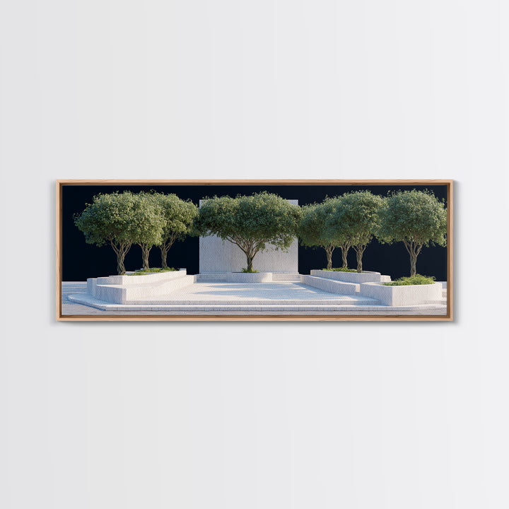 Mediterranean Olive Tree Courtyard Framed Canvas Print, Modern Wall Art, Architectural Landscape, Minimalist Home Decor Art