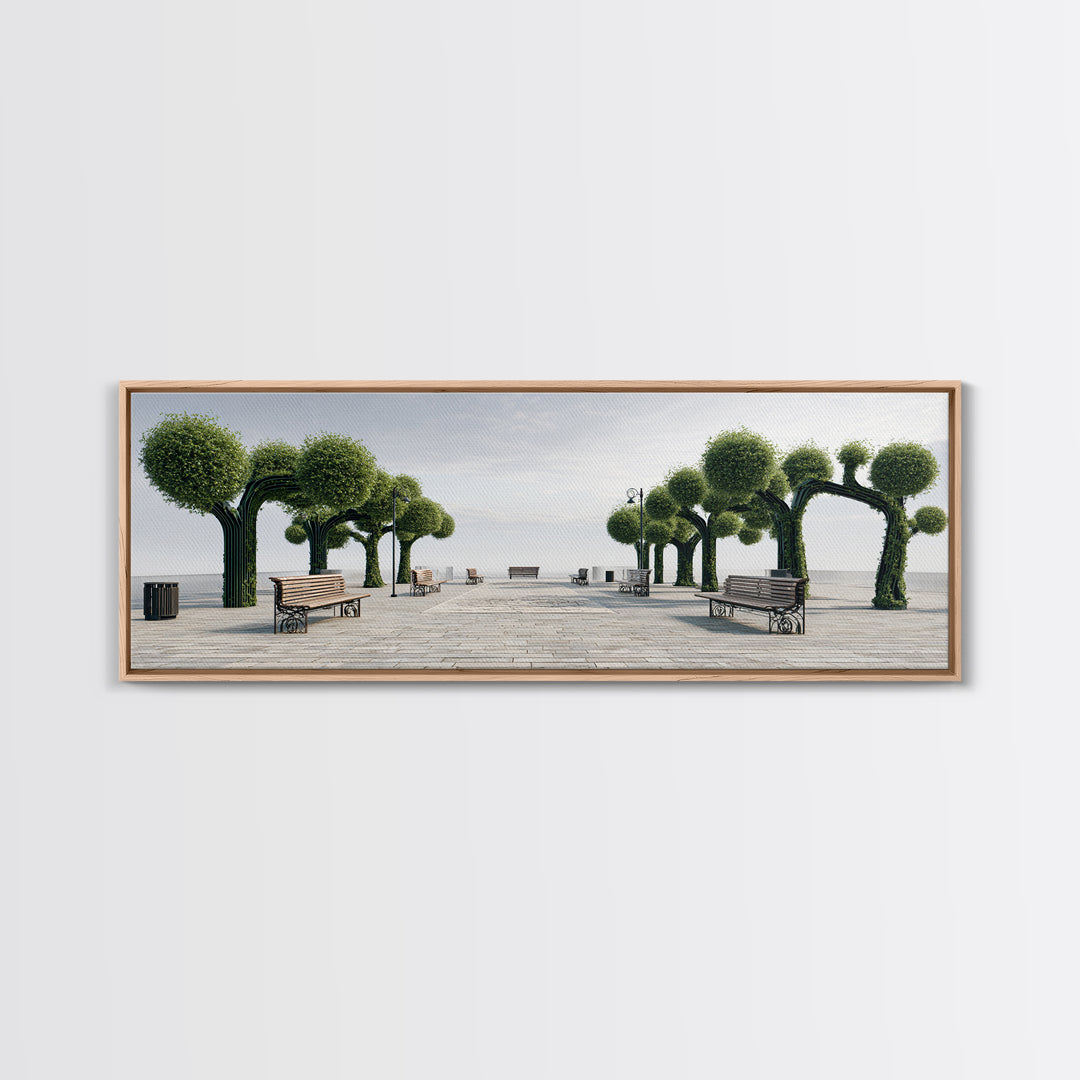 Coastal Boardwalk With Sculpted Green Trees And Benches Framed Canvas Print, Modern Wall Art, Beach House Decor Landscape