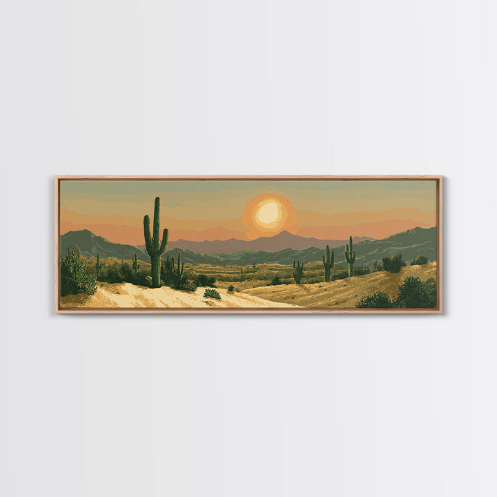 Golden Desert Valley Sunset With Saguaros And Mountains Wall Art, Southwest Landscape Print, Midcentury Modern Home Decor