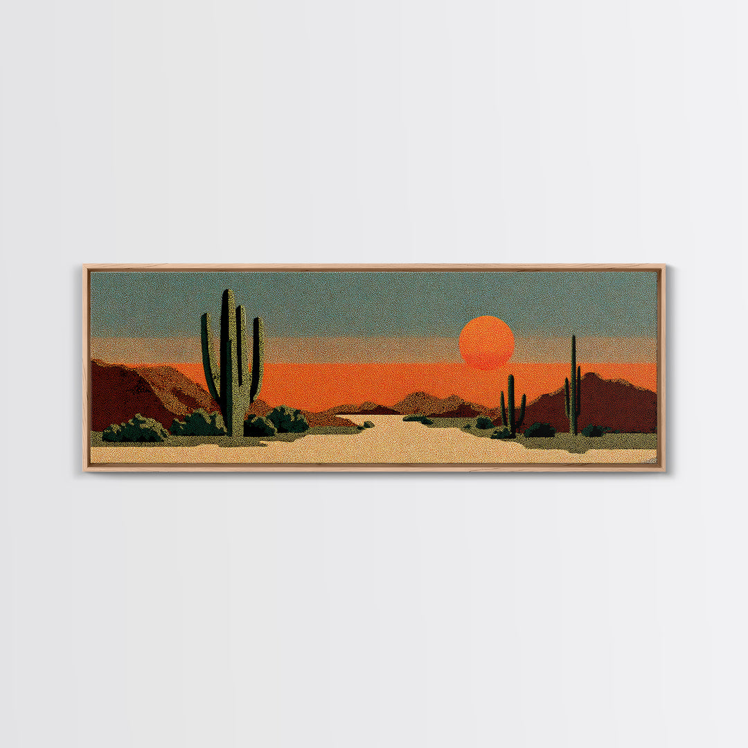 Textured Saguaro Desert With Orange Sun And Rust Mountains Canvas Print, Retro Wall Art, Midcentury Modern Southwest Decor