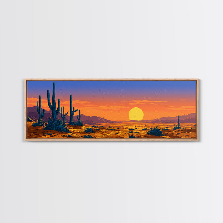 Vibrant Desert Sunset With Blue Cacti And Golden Sky Wall Art, Retro Art Print, Colorful Southwest Living Room Decor Poster