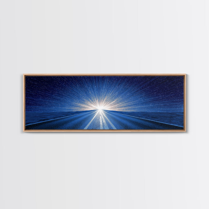 Starry Blue Highway Horizon Framed Canvas Print, Cosmic Retro Wall Art, Modern Digital Art, Space Abstract Decor For Living Room
