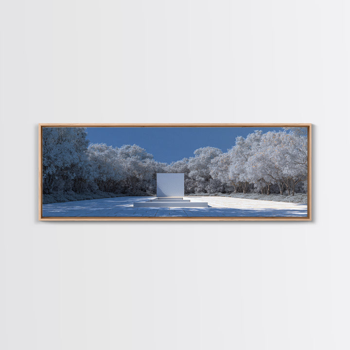 Snowy Minimal Monument Wall Art, Winter Forest Landscape Canvas, Blue White Modern Home Decor, Serene Scandinavian Print