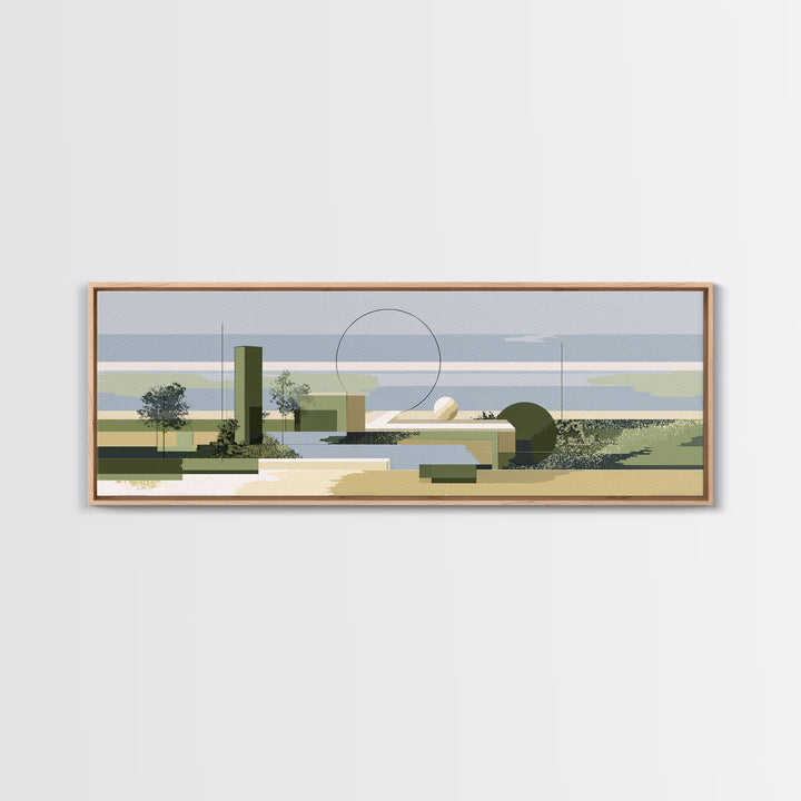 Midcentury Coastal Architecture Wall Art, Olive Green Geometric Landscape, Modern Abstract Decor, Minimalist Canvas Print