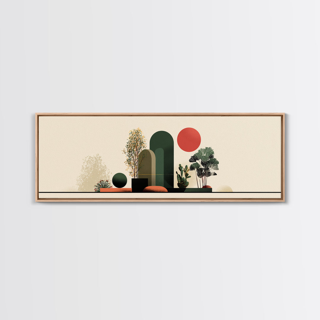Abstract Botanical Still Life Wall Art, Red Sun And Green Arches, Midcentury Modern Decor, Boho Scandinavian Canvas Print