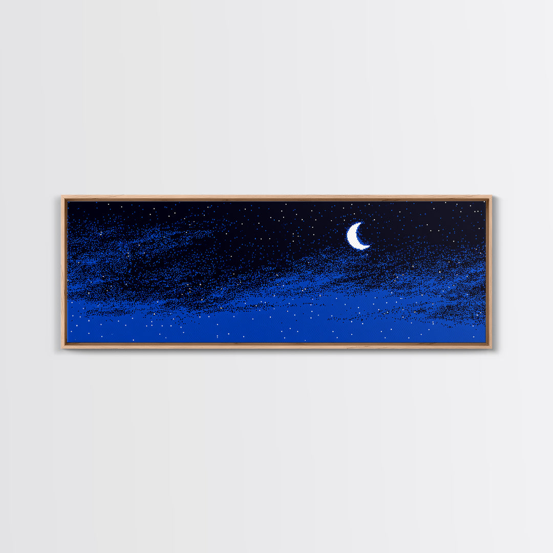 Blue Starry Crescent Moon Wall Art, Night Sky Celestial Canvas, Minimal Modern Decor, Boho Nursery Bedroom Art Print Gift