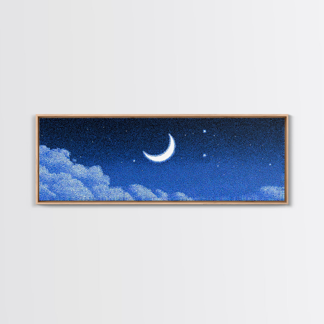 Glowing Crescent Moon And Cloud Wall Art, Blue Starry Sky Canvas, Mystical Celestial Decor, Boho Nursery Bedroom Art Print Gift