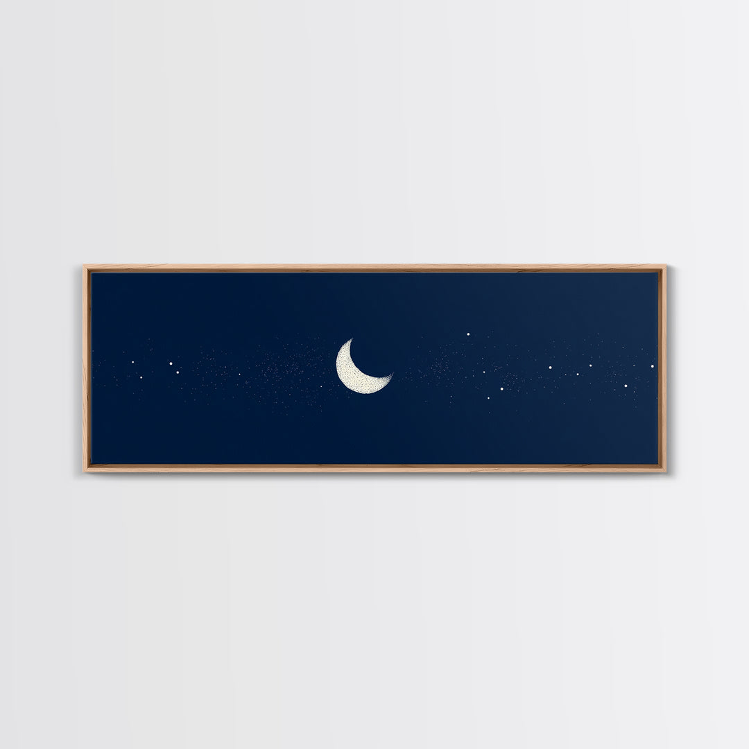 Minimal Navy Crescent Moon Wall Art, Tiny Star Night Sky Canvas, Scandinavian Modern Decor, Celestial Bedroom Art Print Gift