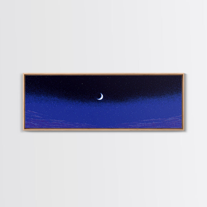 Purple Blue Crescent Moon Wall Art, Starry Horizon Night Sky Canvas, Cosmic Retro Decor, Boho Celestial Bedroom Art Print