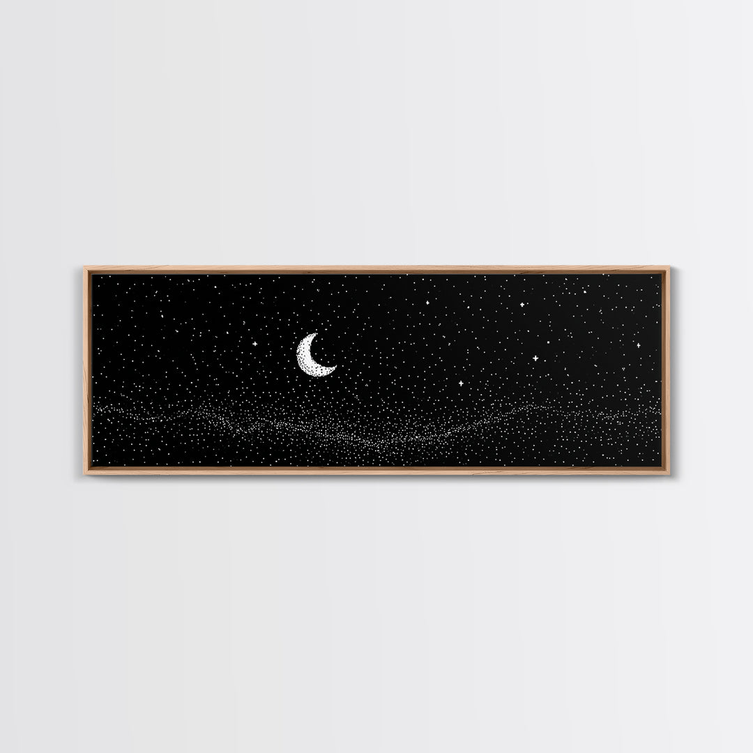 Black Starfield Crescent Moon Wall Art, White Stars Night Sky Canvas, Minimal Celestial Decor, Modern Bedroom Art Print Gift