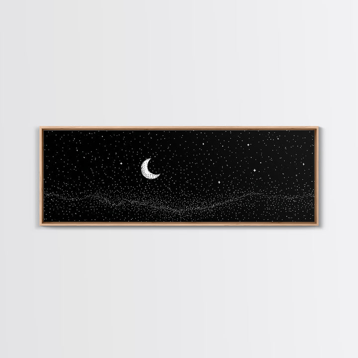 Black Starfield Crescent Moon Wall Art, White Stars Night Sky Canvas, Minimal Celestial Decor, Modern Bedroom Art Print Gift