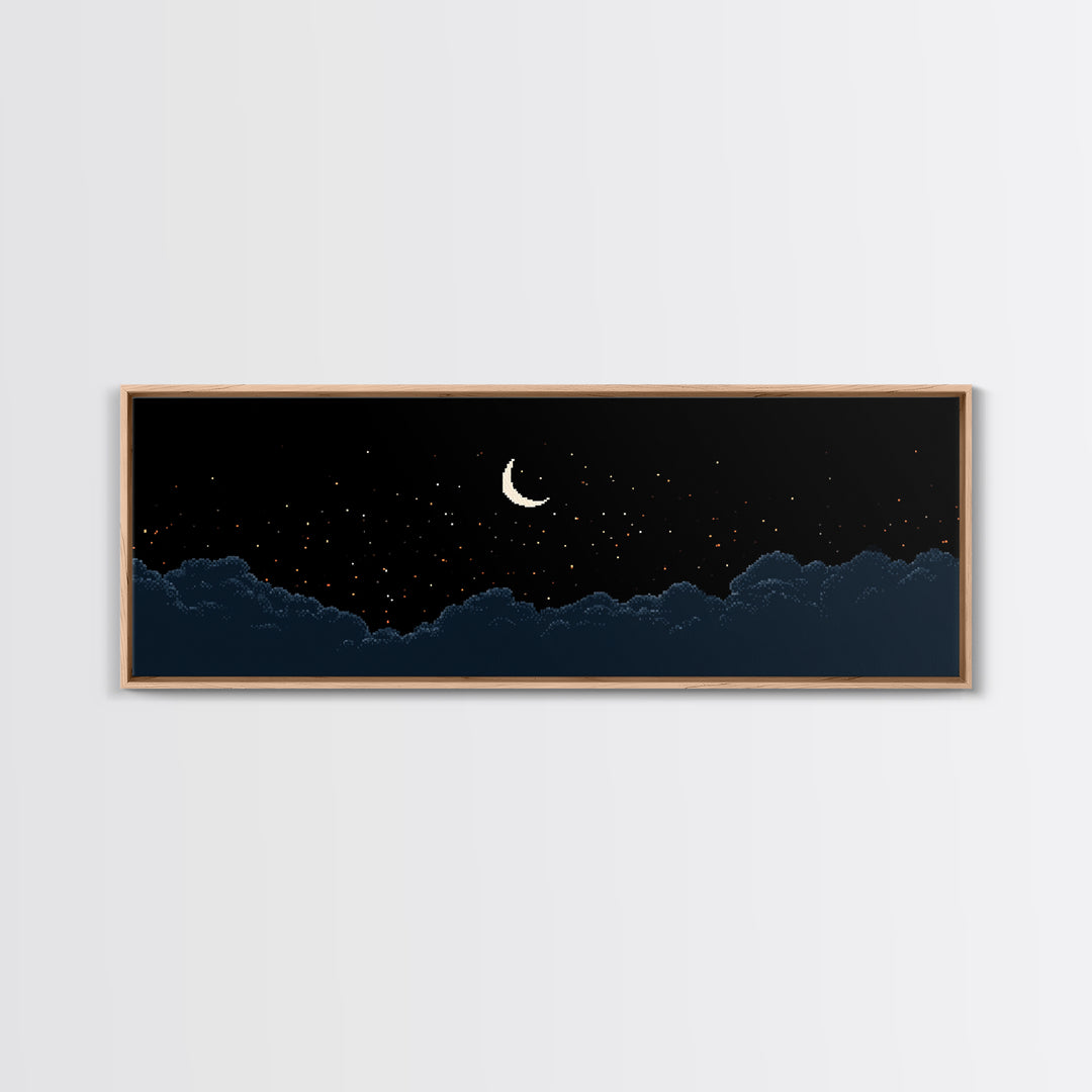 Crescent Moon Starry Night Clouds Wall Art, Pixel Landscape Print, Dark Blue Celestial Decor, Bedroom Office Poster Gift