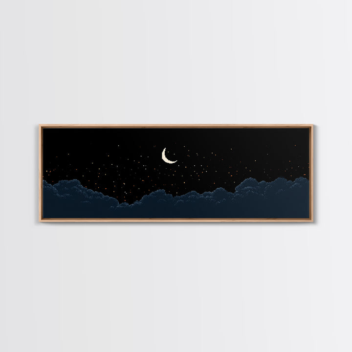 Crescent Moon Starry Night Clouds Wall Art, Pixel Landscape Print, Dark Blue Celestial Decor, Bedroom Office Poster Gift