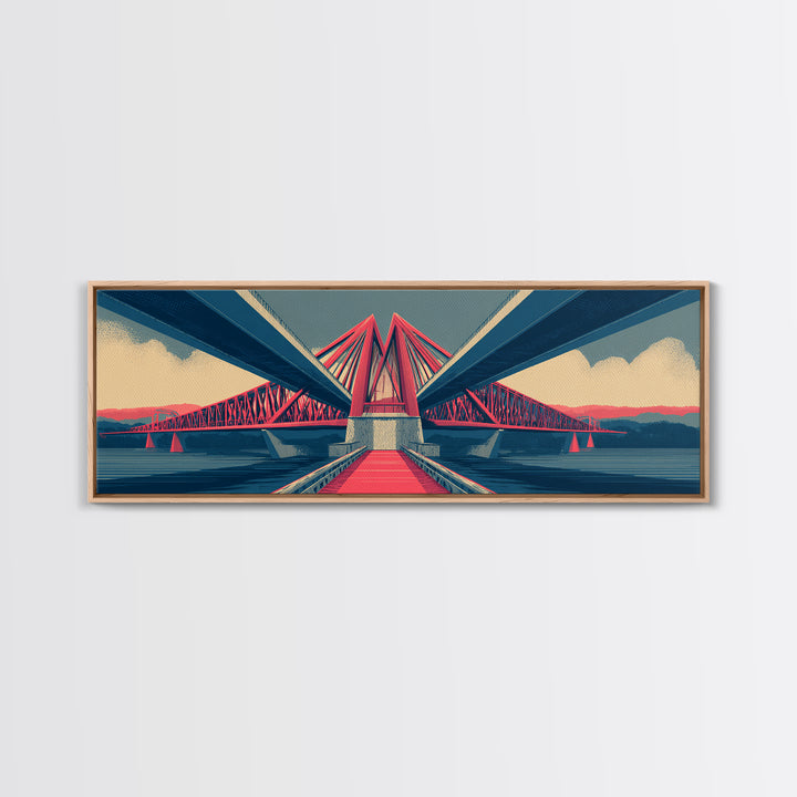 Red Suspension Bridge At Sunset Canvas Print, Midcentury Modern Wall Decor, Architectural Landscape, Retro Travel Poster