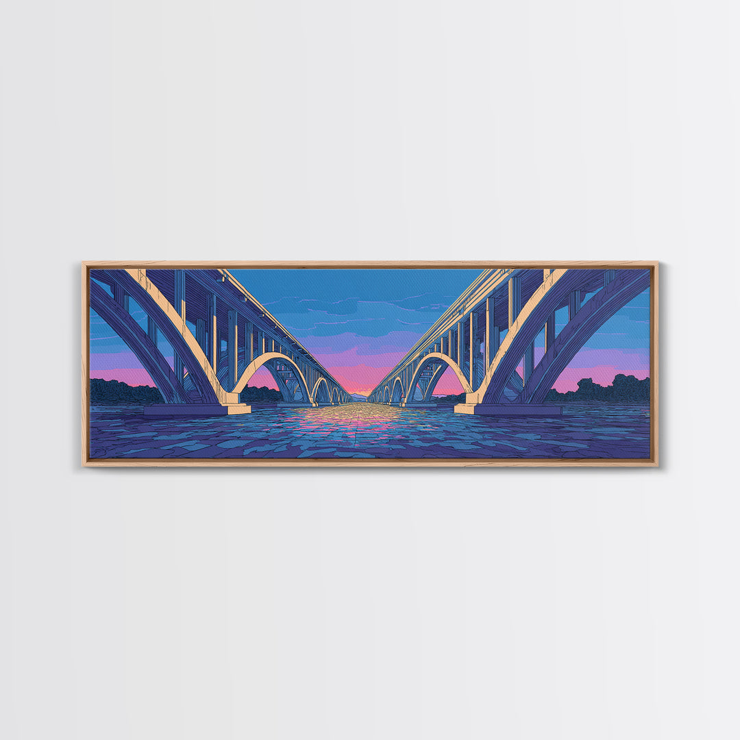 Blue Arch Bridge Sunset Wall Art, Panoramic River Cityscape Print, Modern Architectural Decor, Pink Purple Skyline Poster