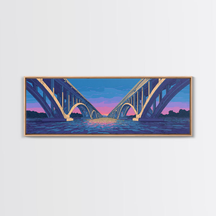 Blue Arch Bridge Sunset Wall Art, Panoramic River Cityscape Print, Modern Architectural Decor, Pink Purple Skyline Poster