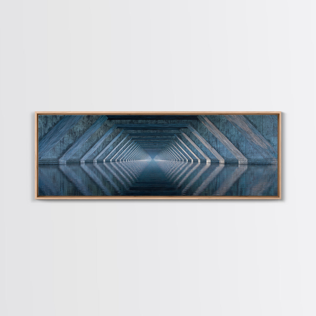 Concrete Underpass Reflections Framed Canvas Print, Geometric Bridge Wall Art, Blue Industrial Decor, Minimalist Poster Print