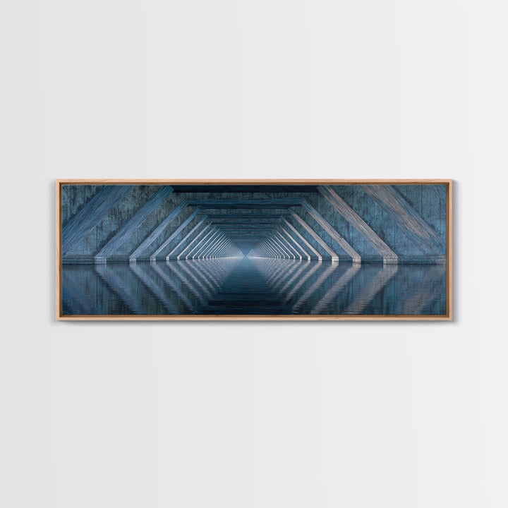 Concrete Underpass Reflections Framed Canvas Print, Geometric Bridge Wall Art, Blue Industrial Decor, Minimalist Poster Print