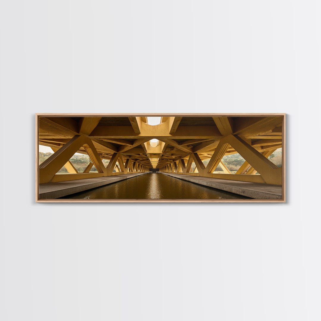 Golden Canal Under Bridge Canvas Print, Symmetrical Architecture Wall Art, Warm Industrial Decor, Modern Perspective Poster