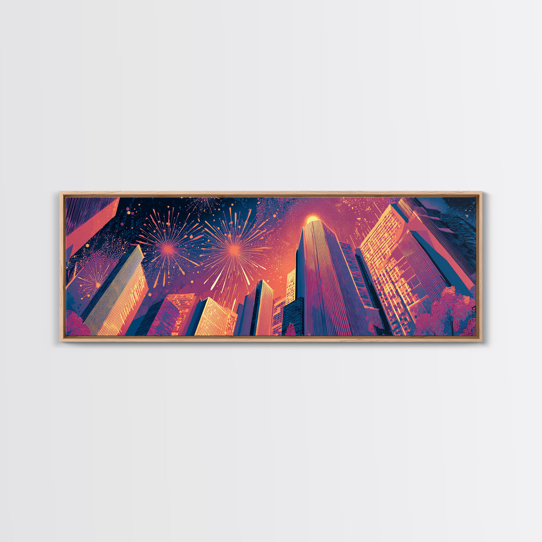Fireworks Over Skyscrapers Canvas Print, Neon City Night Wall Art, Retro Futuristic Urban Decor, Bold Architecture Poster