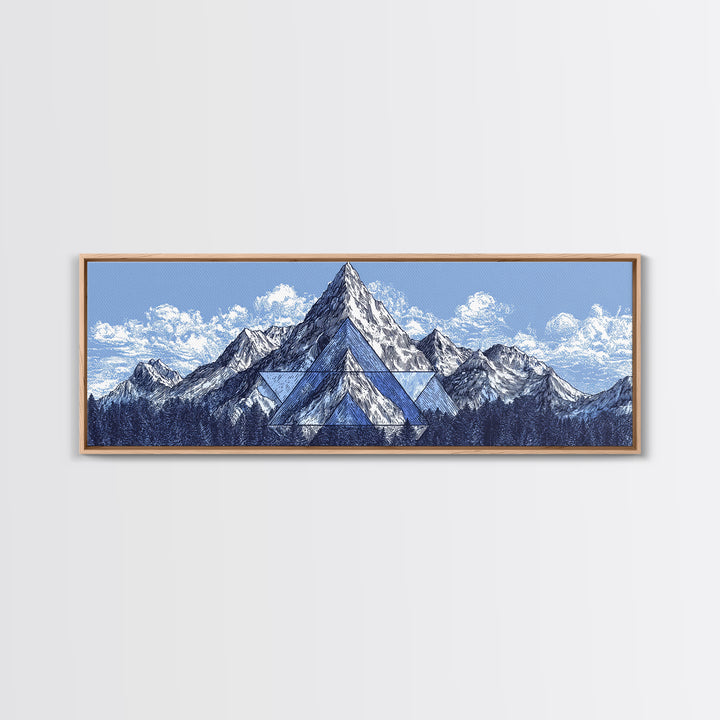 Snowy Alpine Mountain Sketch Wall Art, Blue White Landscape Print, Modern Geometric Poster, Office And Living Room Decor