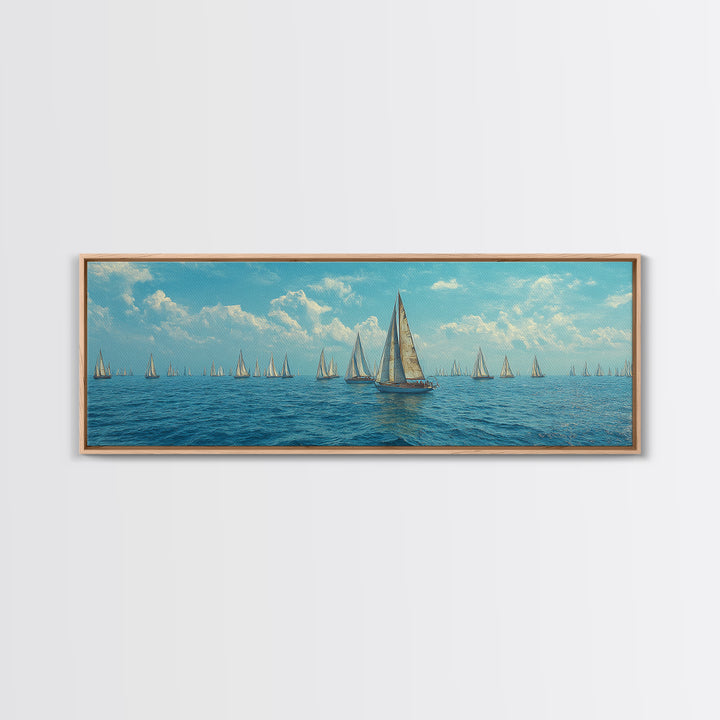 Impressionist Sailboat Fleet Canvas Print, Coastal Wall Art, Blue Ocean Landscape Poster, Nautical Decor For Living Room