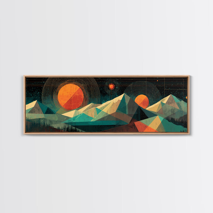 Geometric Mountain Suns Framed Canvas Print, Midcentury Modern Wall Art, Teal Orange Abstract Decor, Retro Landscape Poster