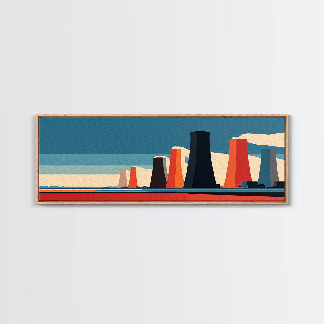 Retro Nuclear Cooling Towers At Desert Horizon Wall Art, Midcentury Modern Industrial Landscape, Bold Orange Blue MCM Decor