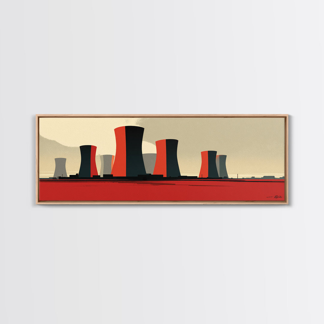 Minimal Cooling Towers On Red Plain Canvas Print, Midcentury Modern Industrial Landscape, Atomic Power Plant Wall Decor Art