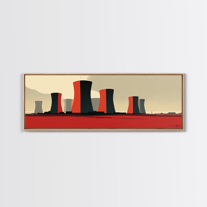 Minimal Cooling Towers On Red Plain Canvas Print, Midcentury Modern Industrial Landscape, Atomic Power Plant Wall Decor Art