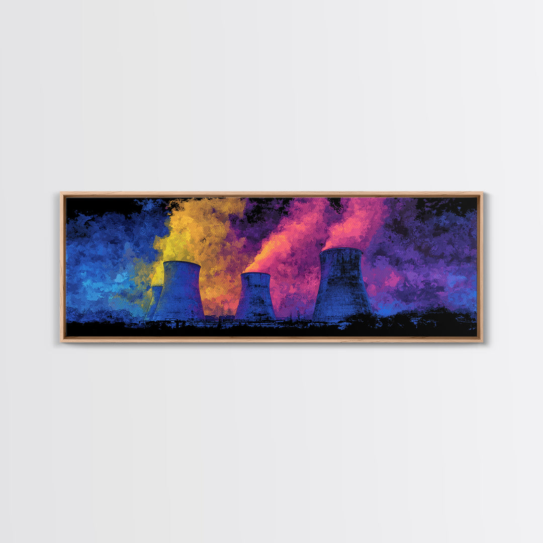Blue Nuclear Towers With Neon Smoke Framed Canvas Print, Retro Sci Fi Industrial Wall Art, Colorful Modern Abstract Decor