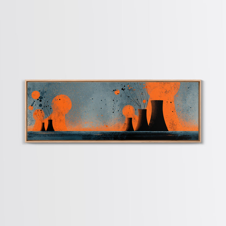 Orange Atomic Cooling Towers At Dusk Wall Art, Midcentury Modern Industrial Landscape, Retro Abstract Power Plant Decor Print