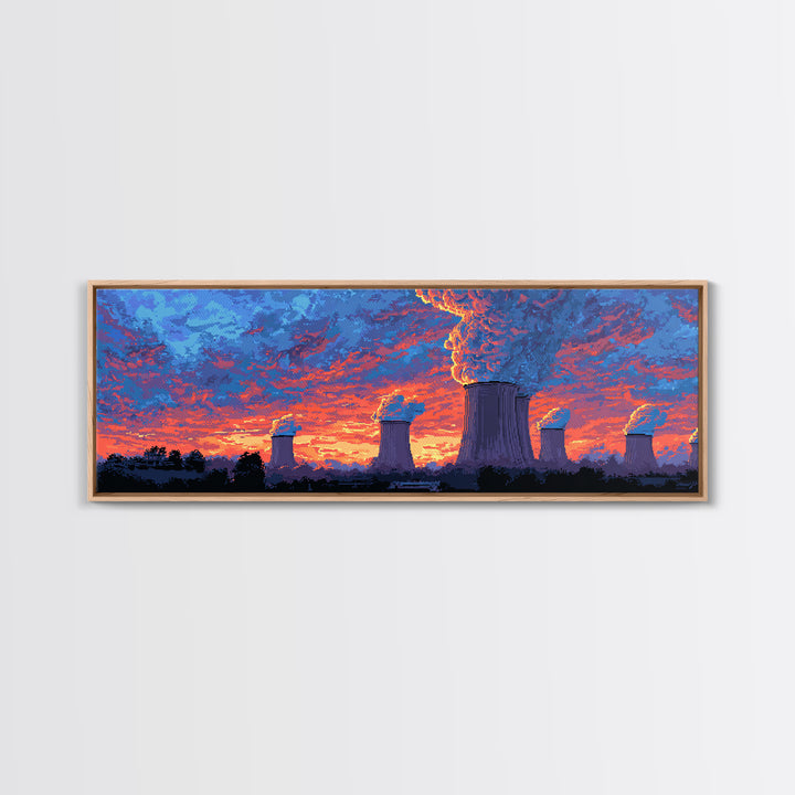 Purple Cooling Towers Under Fiery Sunset Framed Canvas Print, Retro Industrial Wall Art, Colorful Modern Landscape Decor