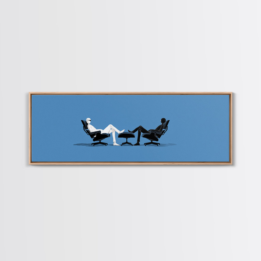 Two Minimal Figures In Lounge Chairs Wall Art, Midcentury Modern Therapy Office Decor, Blue Retro Abstract Art Print Poster