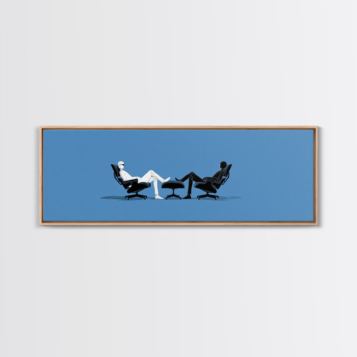 Two Minimal Figures In Lounge Chairs Wall Art, Midcentury Modern Therapy Office Decor, Blue Retro Abstract Art Print Poster