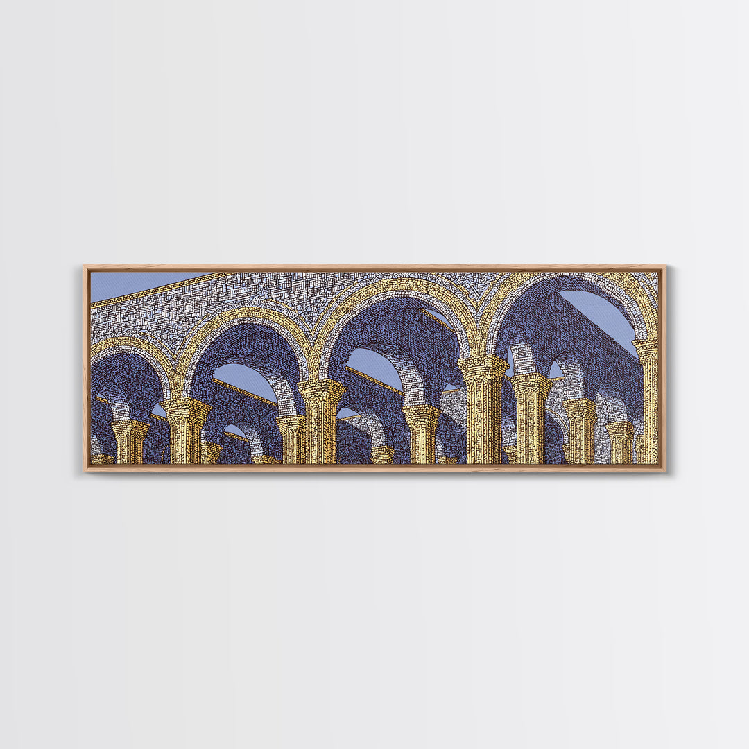 Golden Blue Moorish Arches Framed Canvas Print, Architectural Wall Art, Mediterranean Decor, Elegant Colonnade Poster Gift