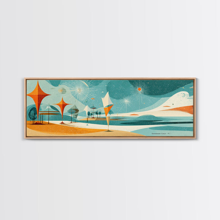 Retro Abstract Beach Waves Canvas Print, Atomic Coastal Wall Art, Midcentury Modern Decor, Orange Teal Poster For Beach House
