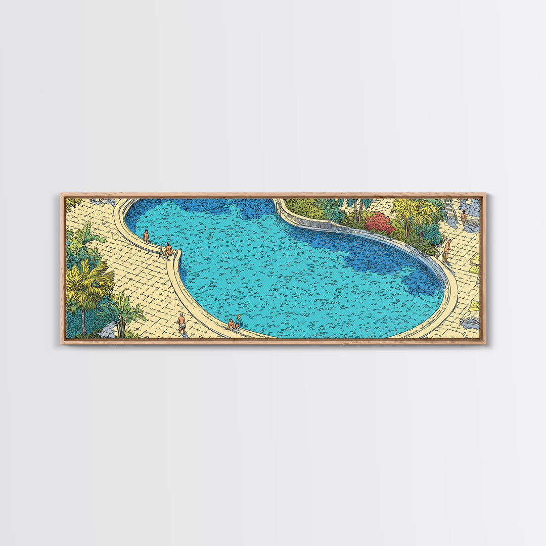 Bright Blue Resort Pool With Stone Terrace Wall Art, Midcentury Modern Print, Tropical Garden Decor, Large Canvas Poster