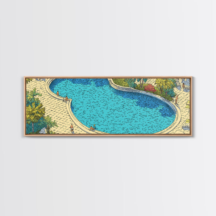 Bright Blue Resort Pool With Stone Terrace Wall Art, Midcentury Modern Print, Tropical Garden Decor, Large Canvas Poster