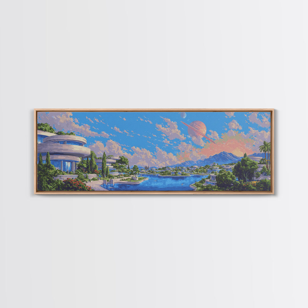 Futuristic Lakeside City With Planets Wall Art, Midcentury Modern Poster, Retro Sci Fi Decor, Scenic Landscape Canvas Print