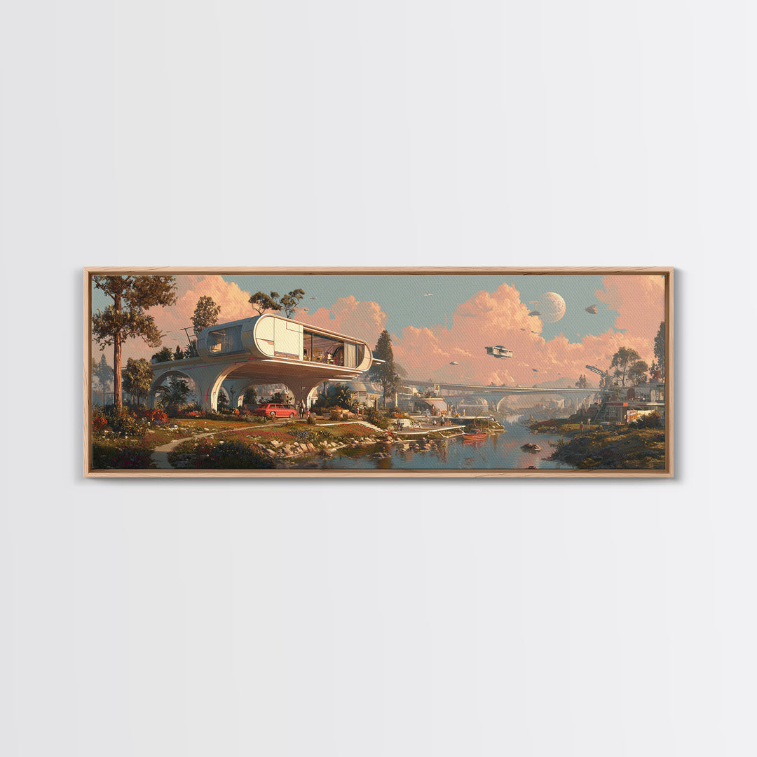 Retro Future Stilt House At Moonlit Marsh Wall Art, Mid Century Modern Architecture Poster, MCM Decor, Panoramic Canvas Print